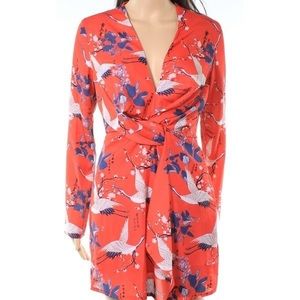 NEW Red Womens Floral Bird Print Wrap Crop Blouse
